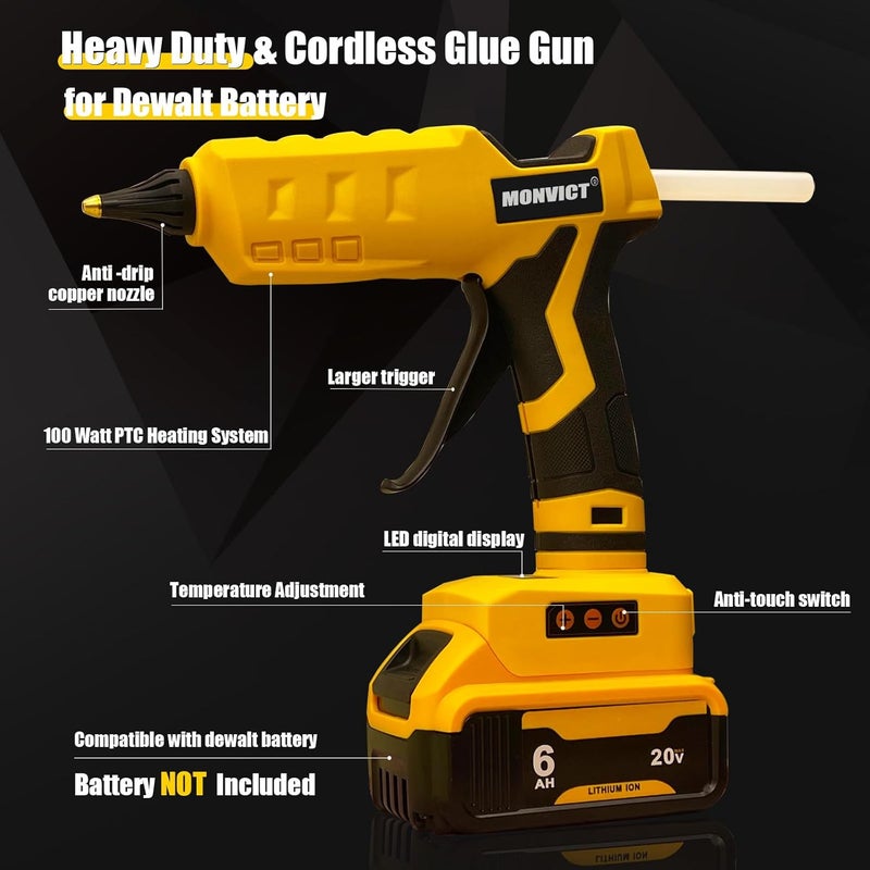 MONVICT Cordless Glue Gun for Dewalt 20V Battery with 50 Glue Sticks, Upgraded 100W Digital Temperature Adjustable Handheld Electric Power Full Size Heavy Duty Hot Glue Gun (Tool only) - Image 3